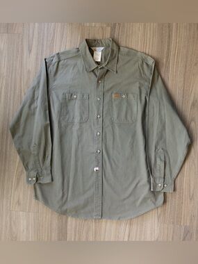 VTG Carhartt Olive Green Gray Long Sleeve Work Shirt Patina Made In USA Men’s XL